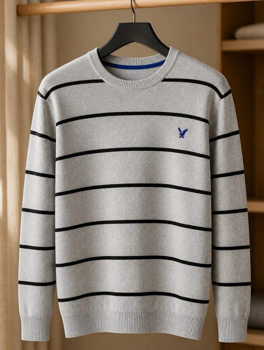 Men's Light Gray Striped Crewneck Sweater with Blue Logo